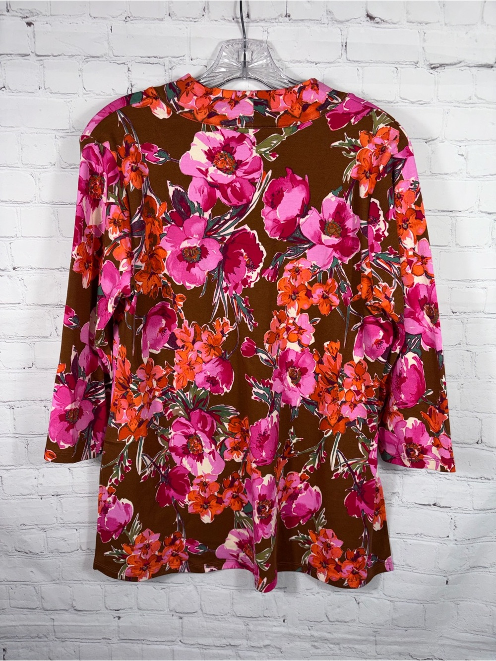 Isaac Mizrahi Live! Brown Pink Floral Cotton V Neck Tunic Top Size Medium Petite - Picture 3 of 9